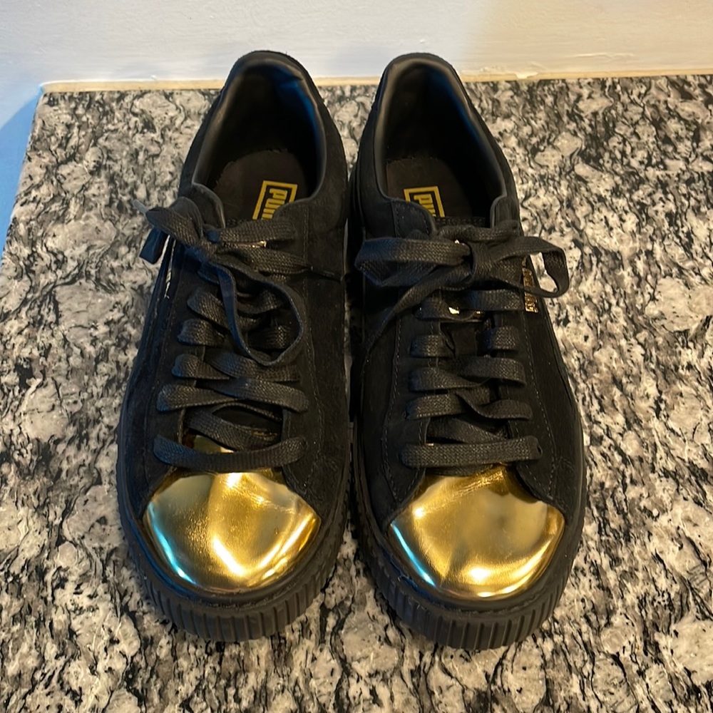 PUMA Women's Suede Platform Black & Gold Fashion Sneaker